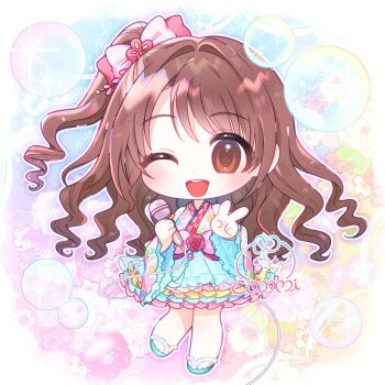 Rule 34 | 1girl, blush, brown eyes, brown hair, chibi, chibi only, dress, full body, highres, holding, holding microphone, idolmaster, idolmaster cinderella girls, kiraku (s2 ou0uo s2), long hair, looking at viewer, microphone, one eye closed, one side up, open mouth, sandals, shimamura uzuki, smile, solo, teeth, upper teeth only, v, wide sleeves