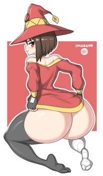 1girl artist_name ass bandaged_leg bandages blush brown_hair dress fingerless_gloves from_behind gloves hat highres huge_ass kneeling kono_subarashii_sekai_ni_shukufuku_wo! long_sleeves looking_at_viewer looking_back megumin no_panties onaeane red_dress red_eyes short_hair_with_long_locks single_thighhigh solo thick_thighs thighhighs thighs witch_hat