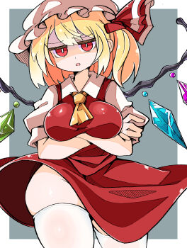 Rule 34 | 1girl, absurdres, arms under breasts, ascot, blonde hair, border, breasts, bright pupils, crossed arms, crystal wings, flandre scarlet, grey background, groin, hair ribbon, happynalga, hashtag-only commentary, hat, highres, large breasts, looking at viewer, mob cap, open mouth, red eyes, red ribbon, red skirt, ribbon, short hair, short sleeves, simple background, skirt, solo, thighhighs, thighs, touhou, white border, white hat, white pupils, white thighhighs, wings, yellow ascot