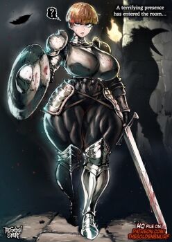 1girl ? abs armor artist_name boobplate breastplate breasts brown_eyes commentary covered_abs crow_mauler d&#039;arce_(fear_&amp;_hunger) english_text fear_&amp;_hunger_(series) fear_&amp;_hunger_1 full_body huge_breasts knight orange_hair paid_reward_available parted_lips patreon_username pauldrons shadow short_hair shoulder_armor solo_focus spoken_question_mark sweat the_golden_smurf thick_thighs thighs