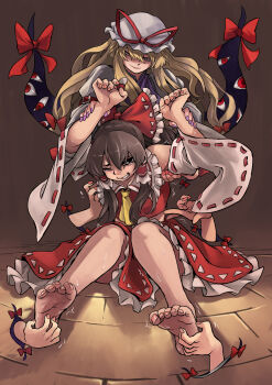 2girls ascot barefoot blonde_hair bow brown_eyes brown_hair clenched_teeth commentary_request commission detached_sleeves feet frilled_bow frilled_hair_tubes frilled_skirt frills gap_(touhou) hair_bow hair_tubes hakurei_reimu hat hat_ribbon highres holding_another's_wrists long_hair long_sleeves mob_cap multiple_girls nail_polish one_eye_closed pink_nails purple_eyes purple_nails purple_tabard red_bow red_ribbon red_skirt ribbon ribbon-trimmed_sleeves ribbon_trim rightorisamraido3 skeb_commission skirt skirt_set smile soles sweat tabard teeth tickle_torture tickling tickling_armpits tickling_feet toenail_polish toenails toes touhou white_hat wide_sleeves yakumo_yukari yellow_ascot yellow_eyes
