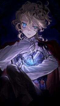 1boy androgynous bishounen black_pants blonde_hair blue_eyes commentary face_gems frilled_sleeves frills glowing half-closed_eye head_tilt highres hollow_body identity_v jacket jacket_on_shoulders laurel_crown looking_at_viewer luca_balsa luca_balsa_(fugue_for_dawn) male_focus nt72_3kan official_alternate_costume pants parted_lips ponytail puffy_sleeves shirt short_ponytail solo stitched_eye symbol-only_commentary upper_body wavy_hair white_shirt