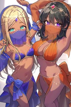 2girls aqua_eyes arabian_clothes armpits arms_up blonde_hair breasts cleavage dancer dark-skinned_female dark_skin detached_sleeves feet_out_of_frame green_hair highres idolmaster idolmaster_cinderella_girls large_breasts layla_(idolmaster) long_hair looking_at_viewer mouth_veil multiple_girls natalia_(idolmaster) navel parted_bangs pelvic_curtain purple_eyes see-through_clothes see-through_sleeves small_breasts trente veil very_long_hair
