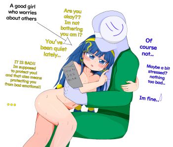 1boy 1girl absurdres artist_self-insert blue_skin clothed_male_nude_female colored_skin earrings faceless faceless_male highres jewelry long_hair michigami_nareko navel nude open_clothes open_mouth simple_background sweat thighs touhou xsmile