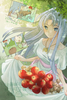 1girl :d adol_christin ancient_ys_vanished apple blue_eyes chibi chibi_inset closed_mouth clothes_lift commentary_request dated dress dress_lift feena_(ys) fish fishing fishing_rod flying_sweatdrops food forest fruit gold_necklace holding holding_fishing_rod jewelry looking_at_viewer mushroom nature necklace open_mouth pikkard_(ys) pink_sash sash smile standing translation_request watermark white_dress ys yukihiro_ys |_|