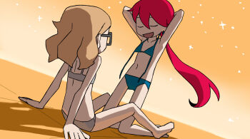 2girls arm_support bikini blonde_hair blue_bikini bra earrings flat_chest glasses grey-framed_eyewear highres hotelblue jewelry kneeling loli madeline_(hotelblue) multiple_girls navel open_mouth orange_sky original panties ponytail r.h. red_hair shadow sitting sky star_(sky) starry_sky sunset swimsuit training_bra underwear undressing untied_bikini_top yuri