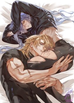 2boys absurdres arms_up bed bite_mark bite_mark_on_thigh black_shirt blonde_hair blue_eyes blue_hair closed_mouth clothes_lift commentary_request fingernails flins_(genshin_impact) genshin_impact gradient_hair hair_over_one_eye hand_on_another&#039;s_ass highres long_hair long_sleeves looking_at_viewer lying male_focus medium_hair multicolored_hair multiple_boys multiple_scars ocmari21140 on_side one_eye_covered parted_lips scar scar_on_arm shiny_clothes shirt shirt_lift short_sleeves sleeves_past_wrists teeth thai_commentary toned toned_male torn_clothes varka_(genshin_impact) very_long_hair yaoi yellow_eyes