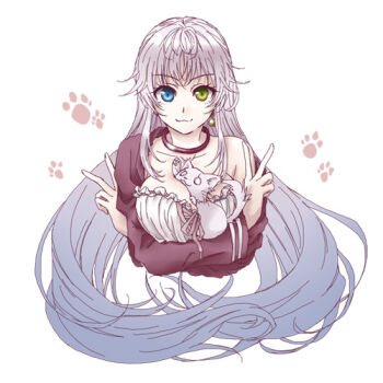 1girl :3 blue_eyes breasts cat cleavage crossed_arms dress green_eyes heterochromia k-project large_breasts looking_at_viewer lowres neko_(k-project) object_between_breasts otonagi paw_print silver_hair solo strapless strapless_dress sweater sweater_slip