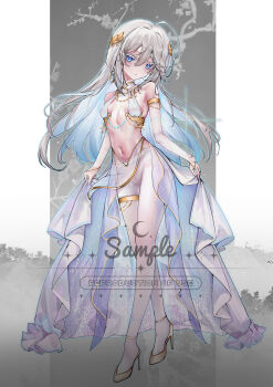 1girl absurdres ahoge bare_shoulders blue_eyes blue_hair blush breasts closed_mouth colored_eyelashes colored_inner_hair commentary_request detached_sleeves english_text full_body hair_between_eyes hair_ornament high_heels highres jewelry laurel_crown long_hair looking_at_viewer multicolored_hair navel original pants pantyhose revealing_clothes see-through_clothes small_breasts solo standing thighlet white_eyelashes white_hair white_pantyhose yinber