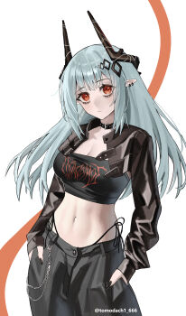 Rule 34 | 1girl, absurdres, arknights, black choker, black jacket, black nails, black pants, black tube top, breasts, choker, cropped jacket, diamond hair ornament, earclip, grey hair, hands in pockets, highres, horns, jacket, long hair, looking at viewer, midriff, mudrock (arknights), navel, pants, pointy ears, red eyes, solo, standing, strapless, tomodach1666, tube top, twitter username