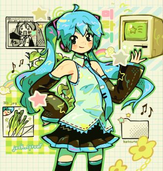 1girl artist_name blue_eyes blue_hair blue_necktie commentary computer detached_sleeves english_commentary flower folder green_theme hachune_miku hatsune_miku highres jack_sprout korean_text necktie spring_onion vocaloid window_(computing) yellow_flower