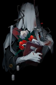 Rule 34 | 1boy, black background, black coat, charon (reverse:1999), coat, covered face, dog tags, flower, hand up, highres, holding, holding dog tags, holding notebook, male focus, notebook, o mgr6, poppy (flower), reverse:1999, solo, thorns, twitter username, upper body, veil, white flower, white veil