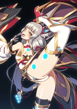 1girl alten animal_ear_fluff animal_ears camisole cat_ears commentary detached_sleeves ear_covers facial_mark fangs flexible grey_hair highleg highleg_leotard highres leg_lift leg_up leotard low_twintails nia_(blade)_(xenoblade) nia_(xenoblade) open_mouth smile solo symbol-only_commentary thighhighs twintails whisker_markings xenoblade_chronicles_(series) xenoblade_chronicles_2 yellow_eyes