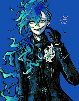 Rule 34 | 1boy, absurdres, arm at side, ascot, asymmetrical bangs, bags under eyes, black gloves, black jacket, black shirt, black vest, blue ascot, blue background, blue eyeshadow, blue hair, blue lips, check flower, commentary request, corsage, crossed bangs, dated, eyeshadow, fiery hair, finger to cheek, flower, flower request, formal clothes, ghost marriage (twisted wonderland), gloves, grin, hair behind ear, hair between eyes, hair over shoulder, hand up, high collar, highres, idia shroud, idia shroud (suitor suit), jacket, lily (flower), long hair, long hair between eyes, long sleeves, looking at viewer, makeup, male focus, motion lines, pale skin, pokoppe, raised inner eyebrows, sharp teeth, shirt, short eyebrows, simple background, skull print, small sweatdrop, smile, solo, suit, teeth, twisted wonderland, upper body, very long hair, vest, waistcoat, wavy hair, white flower, wingtip collar, yellow eyes