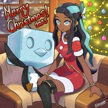 1girl 2025 absurdres artist_name black_boots black_hair blue_eyes blue_eyeshadow blue_hair boots breasts christmas christmas_tree commentary dark-skinned_female dark_skin dress earclip earrings eiscue eiscue_(ice) english_commentary english_text eyeshadow gen_8_pokemon highres hoop_earrings jewelry long_hair makeup medium_breasts multicolored_hair nessa_(holiday_2021)_(pokemon) nessa_(pokemon) nintendo official_alternate_costume pokemon pokemon_masters_ex santa_costume santa_dress short_sleeves siczak solo_focus thigh_boots two-tone_hair