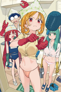1boy 3girls absurdres aqua_eyes aqua_hair bikini blonde_hair blue_hair blue_one-piece_swimsuit bucket chaucer_(some1else45) collared_shirt crocs glasses gloves headscarf highres hipa_(some1else45) holding holding_bucket holding_mop indoors long_hair mop multiple_girls nahia_(some1else45) navel one-piece_swimsuit original panties pink_bikini red_eyes red_hair round_eyewear rubber_gloves sandals sekoshi_(some1else45) shirt some1else45 standing swimsuit tied_shirt underwear white_panties white_shirt yellow_shirt