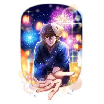 1boy aerial_fireworks artist_request bird_mask black_hair blue_kimono filolial fireworks game_cg green_eyes hair_between_eyes iwatani_naofumi japanese_clothes kimono lantern_festival leaning_forward light_particles looking_at_viewer male_focus market_stall mask mask_on_head messy_hair night night_sky official_alternate_costume official_art open_mouth outstretched_hand short_hair simple_background sky sky_lantern smile solo sparkle straight-on tate_no_yuusha_no_nariagari tate_no_yuusha_no_nariagari_rerise teeth three-quarter_sleeves transparent_background upper_teeth_only yukata