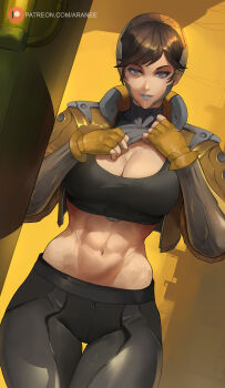 abs absurdres araneesama artist_name black_pants breasts brown_hair cropped_jacket highres large_breasts lips pants patreon_username sharen_(the_first_descendant) short_hair tagme the_first_descendant thighs toned toned_female