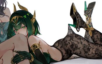 2girls absurdres breasts claws clothes_pull crossed_legs dress fishnet_pantyhose fishnets genshin_impact gloves green_dress green_eyes green_gloves green_hair green_shirt high_heels highres knees_up large_breasts lauma_(genshin_impact) looking_at_viewer lying m3ru mark_under_eye mole mole_under_eye multiple_girls nefer_(genshin_impact) no_pants on_stomach pantyhose pantyhose_pull shirt symbol-shaped_pupils triangle-shaped_pupils white_background yuri