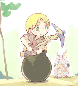1girl 1other androgynous blonde_hair blush closed_mouth furry getting_over_it holding holding_pickaxe long_hair looking_at_another looking_away low_twintails made_in_abyss nanachi_(made_in_abyss) open_mouth pickaxe riko_(made_in_abyss) sakurabe_notos sketch smile twintails whistle whistle_around_neck