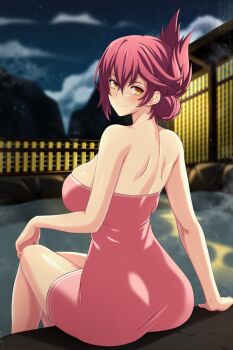 Rule 34 | 1girl, blurry, blurry background, breasts, closed mouth, commentary, commission, crossed bangs, eiyuu densetsu, english commentary, folded ponytail, from behind, hair between eyes, highres, large breasts, light smile, lindaroze, looking at viewer, looking back, mountain, naked towel, night, night sky, onsen, red hair, sara valestein, sen no kiseki (series), sen no kiseki i, shoulder blades, sitting, sky, solo, towel, water, yellow eyes