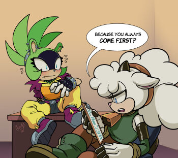 2girls absurdres aqua_eyes bare_shoulders bell black_shorts blue_eyes blush boots brown_pants clipboard commentary cowbell english_commentary english_text fingerless_gloves gloves green_fur green_shirt headband highres holding holding_clipboard jacket lanolin_the_sheep multiple_girls neck_bell on_table open_clothes open_jacket overlordneon pants sharp_teeth sheep_girl shirt short_shorts shorts sitting sleeveless sleeveless_shirt sonic_(series) sonic_the_hedgehog sonic_the_hedgehog_(idw) surge_the_tenrec sweatdrop table teeth tenrec_girl watermark wool yellow_leggings yuri