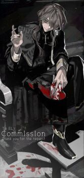 1boy bags_under_eyes black_boots black_capelet black_jacket black_nails black_pants blood blood_on_clothes blood_on_hands boots brown_hair capelet chair closed_mouth commission cross cross_necklace crossed_legs english_text full_body green_eyes grey_hair hair_over_one_eye hand_up highres holding holding_towel jacket jewelry long_hair long_sleeves looking_at_viewer low_ponytail male_focus mau_sakura nail_polish necklace one_eye_covered original pants ponytail priest sitting skeb_commission smile solo towel wiping_blood