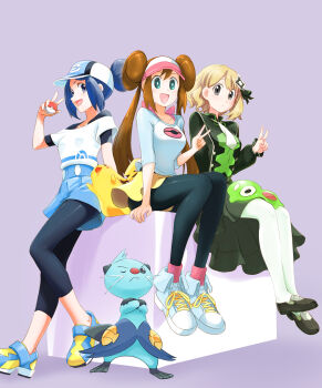 3girls :d absurdres bettie_(pokemon) black_dress blonde_hair blue_eyes blue_hair blue_shorts brown_hair dewott double_bun dress full_body gen_1_pokemon gen_5_pokemon gen_6_pokemon green_eyes grey_eyes hair_bun hat highres holding holding_poke_ball legendary_pokemon leggings leggings_under_shorts long_hair looking_at_viewer multiple_girls nintendo official_alternate_costume official_alternate_hairstyle open_mouth pantyhose pikachu poke_ball poke_ball_(basic) pokemon pokemon_(creature) pokemon_masters_ex purple_background rosa_(pokemon) serena_(pokemon) serena_(sygna_suit)_(pokemon) shirt shoes short_hair shorts single_hair_bun sitting smile twintails u4_99384295 v visor_cap w white_pantyhose white_shirt yellow_shorts zygarde zygarde_core