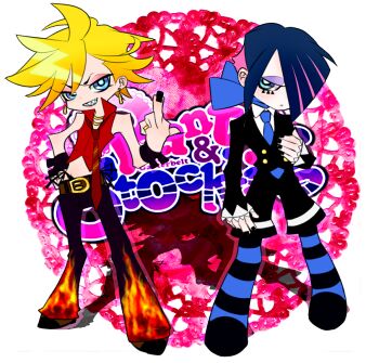 2boys ahoge aqua_eyes asymmetrical_bangs bare_shoulders belt black_jacket black_nails black_pants black_pantyhose black_shoes black_shorts blonde_hair blue_eyes blue_hair blue_neckerchief blue_necktie blue_pantyhose bracelet brothers brown_belt brown_shoes closed_mouth collared_shirt commentary_request contrapposto copyright_logo denim dot_mouth earrings expressionless eyelashes eyeshadow flame_print genderswap genderswap_(ftm) gold gold_buttons gold_earrings gold_necklace gold_ring gyaruo half-closed_eyes hand_on_own_chest hand_on_own_hip inverted_eyelashes jacket jeans jewelry lace_background logo looking_at_another looking_at_viewer loose_necktie lower_eyelashes_only makeup male_focus messy_hair middle_finger midriff multicolored_hair multiple_boys multiple_bracelets multiple_necklaces nail_polish neckerchief necklace necktie official_style ouji_fashion pants panty_&amp;_stocking_with_garterbelt panty_(psg) pantyhose parted_bangs pigeon-toed pink_lips popped_collar purple_eyeshadow red_eyeshadow red_necktie red_shirt ring sharp_teeth shirt shoes short_hair shorts siblings smile smug stocking_(psg) striped_clothes striped_pantyhose striped_shorts swept_bangs teeth two-tone_hair wallser_(among_the_haze) white_shirt white_trim