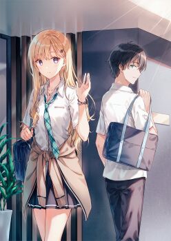 1boy 1girl aqua_eyes aqua_necktie asamura_yuuta ayase_saki bag black_hair black_pants black_skirt blonde_hair bracelet breasts brother_and_sister closed_mouth clothes_around_waist collared_shirt commentary_request cowboy_shot earrings gimai_seikatsu hair_between_eyes hair_ornament highres hiten_(hitenkei) holding jacket jacket_around_waist jewelry light_blush light_rays long_hair looking_at_another looking_back mallet necklace necktie novel_illustration official_art pants pendant plaid_clothes plaid_necktie plant pleated_skirt purple_eyes school_bag school_uniform shirt short_hair siblings skirt small_breasts smile step-siblings thighs triangle_earrings waving white_shirt