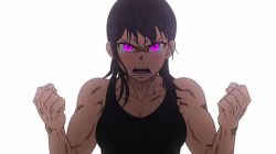 Rule 34 | 1girl, angry, animated, anime screenshot, breasts, en'en no shouboutai, female focus, en'en no shouboutai, glowing, glowing eyes, large breasts, maki oze, medium hair, muscle growth, muscular, muscular female, purple eyes, solo, tears, upper body, video
