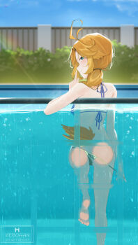 1girl against_glass ahoge aqua_eyes artist_name ass ass_on_glass ass_press barefoot bikini blonde_hair blue_bikini blue_sky blush bush commission dokibird highres indie_virtual_youtuber kebohan sky soles swimsuit tail virtual_youtuber water wet