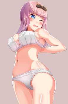 1girl black_bow blue_eyes blush bow bra fujiwara_chika kaguya-sama_wa_kokurasetai_~tensai-tachi_no_renai_zunousen~ lingerie long_hair one_eye_closed panties pink_hair underwear undressing void33429809
