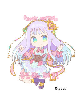 Rule 34 | 1girl, atelier (series), atelier lulua, blue eyes, blunt bangs, boots, chibi, chibi only, closed mouth, commentary request, elmerulia frixell, full body, grey hair, hair ornament, hands up, heart, heart hair ornament, korean commentary, korean text, leyin (lydusk), long hair, long sleeves, looking at viewer, pink shirt, purple boots, shirt, skirt, smile, solo, very long hair, white background, white skirt