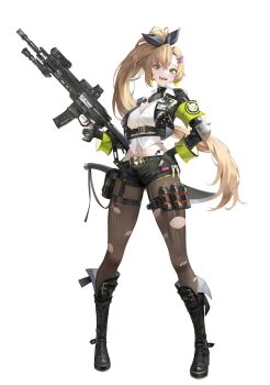 1girl 95_inner absurdres armband arrow_through_heart assault_rifle black_boots black_jacket black_shorts blonde_hair boar boots breasts cleavage commentary contemporary cross dress_shirt english_commentary fingerless_gloves gloves green_armband green_eyes green_nails grin gun hair_ornament hair_tie hairclip hand_on_own_hip heart heart_hair_ornament high_ponytail highres holding holding_gun holding_weapon jacket licking_lips looking_at_viewer medium_breasts navel o-ring open_clothes open_jacket original pantyhose partially_fingerless_gloves ponytail revealing_clothes rifle shirt shorts smile solo standing sword sword_on_back tattoo thigh_strap tongue tongue_out torn_clothes torn_pantyhose unbuttoned unbuttoned_shirt weapon weapon_on_back white_background white_shirt