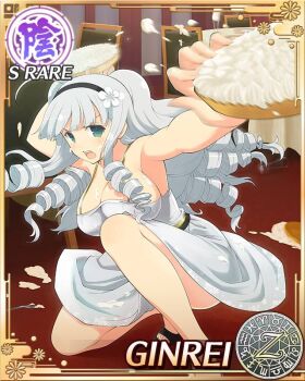 1girl ahoge aqua_eyes black_hairband breasts card_(medium) cleavage cream dress drill_hair drill_sidelocks flower food food_on_body game_cg ginrei_(senran_kagura) grey_dress grey_hair hair_flower hair_ornament hairband kneeling large_breasts long_hair multiple_drills non-web_source official_alternate_costume official_art open_mouth pie sandals senran_kagura senran_kagura_new_wave sidelocks solo throwing throwing_food throwing_pie zodiac_wheel
