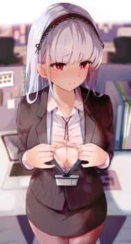 1girl azur_lane black_jacket blurry blurry_background blush breasts brown_pantyhose cleavage closed_mouth collarbone computer depth_of_field dido_(azur_lane) formal_clothes headband highres id_card jacket lanyard large_breasts legs_together long_sleeves looking_at_viewer medium_hair office office_lady paizuri_invitation pantyhose partially_unbuttoned purple_eyes purple_headband raru_(nanaharararu) red_neckwear revision skirt skirt_suit solo standing suit table underboob white_hair