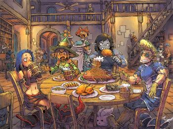6+boys 6+girls alcohol animal_ears apron armlet armor bartender beard beer beer_mug black_hair black_skirt blonde_hair blue_hair boots braid breastplate brown_hair cat_ears ceiling_fan chair chicken_(food) chicken_leg colored_skin commentary_request counter crop_top cup detached_sleeves dress drinking eating elf eterspire facial_hair facial_scar fantasy fish_(food) food freckles furry furry_female gloves green_hair grey_skin grin helm helmet highres holding holding_cup horns horns_through_headwear indoors jewelry lantern makizushi momochichi77 mug multiple_boys multiple_girls muscular muscular_female mustache navel open_mouth plate pointy_ears pointy_hat pompadour ponytail railing red_eyes red_hair scar scar_on_cheek scar_on_face sharp_teeth shelf sideburns skirt slice_of_life smile stairs sunglasses sushi table tavern teeth unworn_armor unworn_headwear unworn_helmet waitress