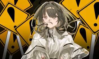 Rule 34 | 1girl, arknights, black hairband, brown hair, closed mouth, coat, commentary request, floating hair, fumi (rdbm), grey eyes, hairband, highres, lab coat, long sleeves, looking at viewer, medium hair, open clothes, open coat, partial commentary, priestess (arknights), road sign, shirt, sign, smile, solo, turtleneck, turtleneck shirt, upper body, white shirt