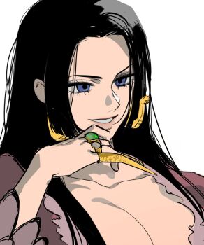 Rule 34 | 1girl, black hair, blue eyes, boa hancock, earrings, eyelashes, head rest, highres, jewelry, long hair, looking ahead, one piece, ppyobong11, ring, sidelocks, simple background, smile, snake earrings, solo, white background
