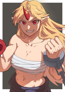 Rule 34 | 1girl, asuka shirou, blonde hair, blue skirt, breasts, chest sarashi, clenched hand, collarbone, cup, grin, highres, holding, holding cup, horns, hoshiguma yuugi, large breasts, long hair, looking at viewer, metal wrist cuffs, midriff, muscular, muscular female, navel, no shirt, oni, parted bangs, parted lips, pointy ears, red eyes, sakazuki, sarashi, single horn, skirt, smile, solo, touhou