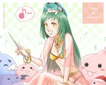 1girl :3 angeling bangle bikini bracelet breasts celestial_s character_doll checkered_background commentary_request conductor_baton dancer_(ragnarok_online) deviling doll feet_out_of_frame ghostring gold green_background green_hair hatsune_miku jewelry long_hair lowres medium_breasts milestone_celebration musical_note neck_ring open_mouth poring ragnarok_online short_bangs sitting smile solo spoken_musical_note swimsuit vocaloid white_background yellow_bikini yellow_eyes