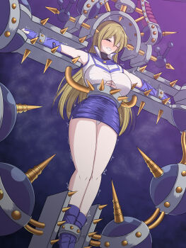 1girl absurdres baketsumuri blonde_hair blue_boots blue_gloves blue_skirt boots breasts byser_shock clenched_teeth commentary_request crucifixion duel_academy_uniform_(yu-gi-oh!_gx) duel_monster gloves highres large_breasts long_hair miniskirt panties pencil_skirt restrained school_uniform shirt skirt stationary_restraints teeth tenjouin_asuka textless_version underwear viser_des white_panties white_shirt yu-gi-oh! yu-gi-oh!_gx