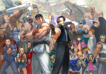 6+boys 6+girls :d :o absurdres alex_(street_fighter) anakaris arms_up ayame_(power_stone) bakumatsu_rouman black_hair blonde_hair bracelet brown_hair bun_cover capcom capcom_fighting_jam character_request chinese_clothes chun-li darkstalkers demitri_maximoff double_bun dougi eyepatch fire forehead_protector frown furry furry_male gakuran glasses grin hachimaki hair_bun hair_over_one_eye hairband hand_on_own_head headband highres holding holding_sword holding_weapon ichimonji_batsu ikeno_daigo ingrid_(capcom) jacket jewelry june_lin_milliam justice_gakuen kagami_kyosuke kanzaki_hayato_(star_gladiator) karuizawa_momo kusanagi_kyou leo_(warzard) long_hair looking_at_another looking_at_viewer male_focus multiple_boys multiple_girls muscular muscular_male nakoruru non-web_source official_art open_clothes open_jacket open_mouth orange_hair power_stone pyrokinesis raiden_(snk) red_hair red_hairband red_headband ryu_(street_fighter) sagat samurai_spirits scar scar_on_face school_uniform sheath sheathed short_hair smile snk spiked_bracelet spikes star_gladiator street_fighter sword takane_hibiki the_king_of_fighters wakaba_hinata warzard weapon white_headband yagami_iori zangief