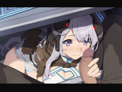 1boy 1girl handjob hetero highres looking_at_viewer nagioka nose panties penis penis_grab pov pov_crotch purple_eyes purple_hair smile solo_focus star_ocean star_ocean:_anamnesis tika_blunche under_table underwear