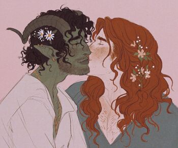 2boys arcanegold baby&#039;s-breath beard_stubble body_freckles braid brown_hair chamomile chest_freckles chest_hair closed_eyes closed_mouth colored_sclera commentary curled_horns curly_hair demon_boy demon_horns dungeons_&amp;_dragons ear_piercing english_commentary eyelashes facial_hair fantasy film_grain flower freckles gold_necklace gold_piercing green_shirt hair_flower hair_ornament hair_over_shoulder half-closed_eyes horns jewelry kiss kissing_cheek light_blush light_smile looking_at_another medium_hair multiple_boys neck_freckles necklace orange_hair original piercing pink_background pointy_ears profile red_eyes renaer_neverember_(arcanegold) ring_piercing shirt side_braid sideburns_stubble simple_background sketch stubble thick_eyebrows tiefling upper_body v-neck very_low_bun vincent_obra_(arcanegold) wavy_hair white_shirt yaoi yellow_sclera