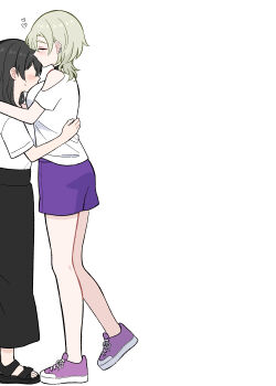 Rule 34 | 2girls, aged up, anata-chan (love live!), black choker, black hair, black sandals, black skirt, breasts, casual, choker, closed eyes, clothing cutout, commentary request, daleka333, face to breasts, full body, grey hair, height difference, highres, kiss, kissing forehead, large breasts, long skirt, love live!, love live! nijigasaki high school idol club, love live! school idol festival all stars, medium hair, mia taylor, multiple girls, profile, purple shoes, purple shorts, role reversal, sandals, shirt, shoes, short shorts, short sleeves, shorts, shoulder cutout, simple background, skirt, sneakers, toes, white background, white shirt, wolf cut, yuri