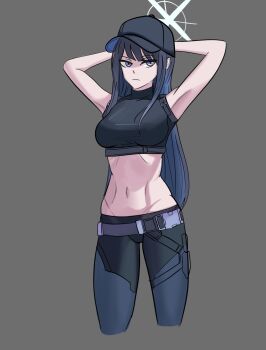 1girl armpits arms_behind_head baseball_cap blue_archive blue_eyes blue_hair breasts garter_belt half-closed_eyes halo hat highres large_breasts legs looking_at_viewer midriff navel pants saori_(blue_archive) solo thighs toned