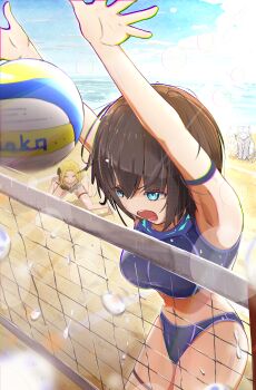 1other 3girls absurdres aoi_erika arm_strap armband armpits arms_up ball beach bikini blonde_hair blue_bikini blue_eyes blue_sky breasts brown_hair byakko_(heaven_burns_red) chromatic_aberration cloud day heaven_burns_red highres large_breasts lens_flare minase_ichigo minase_sumomo multiple_girls navel net ocean one-piece_swimsuit open_mouth outdoors psy_(artist) sand short_hair sky sports_bikini sports_bra sportswear swimsuit thigh_strap volleyball volleyball_(object) volleyball_net