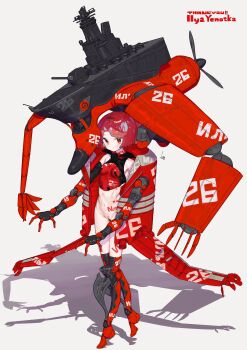 1girl absurdres artist_name bottomless breasts highres machine machinery mechanical_arms mechanical_legs muzinneki navel original red_eyes red_hair shadow short_hair small_breasts solo swept_bangs